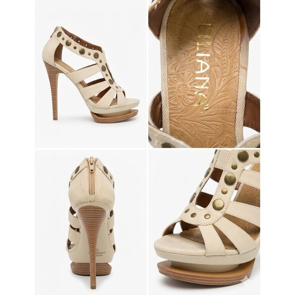 Liliana Womens Studded Cage Gladiator Platform Stiletto Heel Sandals Cream Sz 7